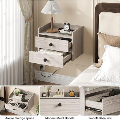 Floating Nightstand Set of 2 with 2 Storage Drawers and Charging Station Wood Wall Mounted Bedside End Table Modern Night Stands Set 2 for Bedroom,Small Space,Grey Black