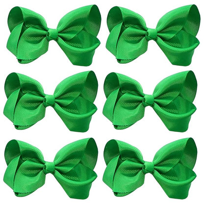 6 PCS 4.5" Solid Color Hair Bows Clips for Girls Toddler Hair Accessories - Green Grosgrain Ribbon Alligator Clips