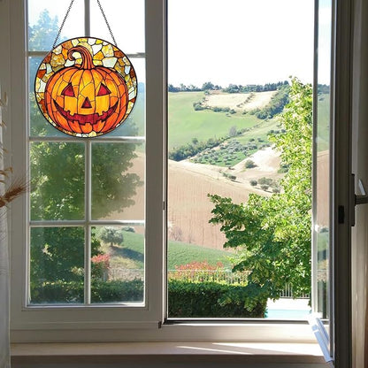 Pumpkin Stained Glass Window Hanging Horror Sun Catcher Decor Halloween Suncatchers for Garden Home Windows Hanging Decoration, 7.87inch