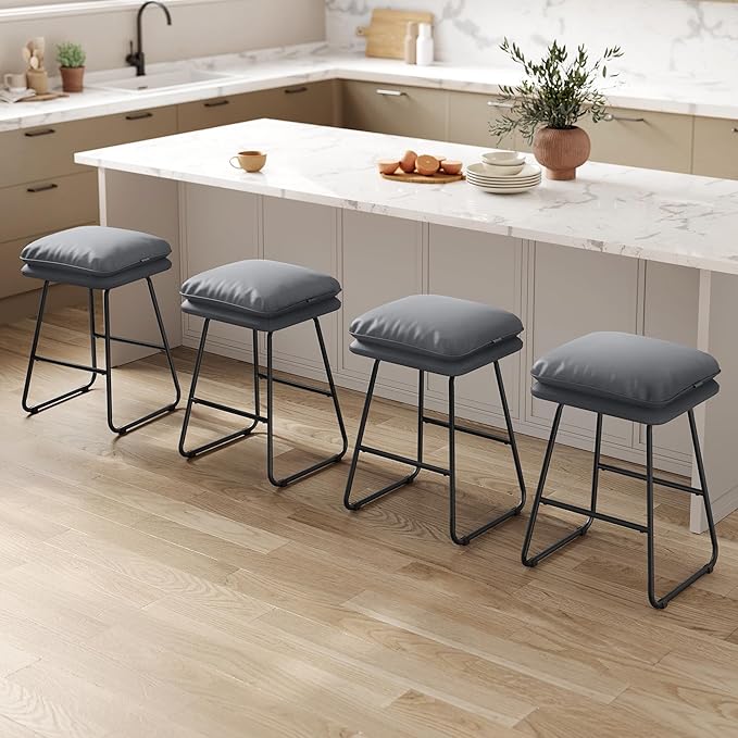 VASAGLE Bar Stools Set of 4, Counter Height Bar Stools, Leather Counter Stools Barstools with Soft Cushion and Metal Sled Legs, 25.6 Inches Bar Height Bar Chairs for Kitchen Island, Slate Gray