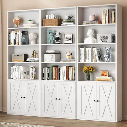 Shintenchi Bookshelf, Industrial Bookshelves and Bookcases with Doors Floor Standing 6 Shelf Display Storage Shelves 70.6 inches Tall Bookcase for Home Office, Living Room (White)