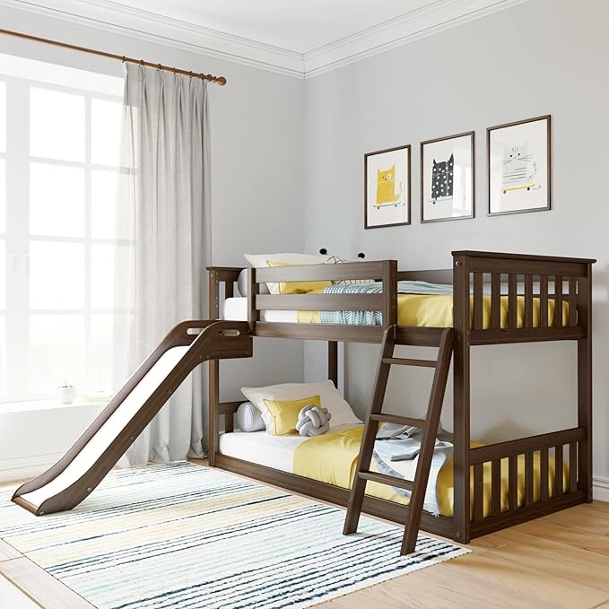 Max & Lily Twin Over Twin Low Bunk with Slide and Ladder, Wooden Bunk beds with 14” Safety Guardrail for Kids, Toddlers, Boys, Girls, Teens, Bedroom Furniture, Walnut