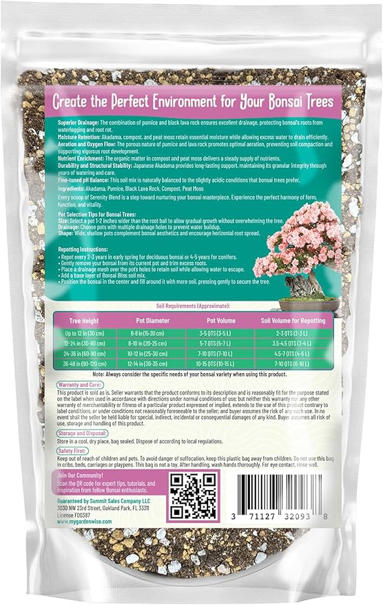 Serenity Blend Bonsai Soil Mix – Moisture-Retentive & Organic for Flowering, Fruiting, and Tropical Bonsai Trees – Handcrafted in The USA with Akadama & Compost (2 quarts)
