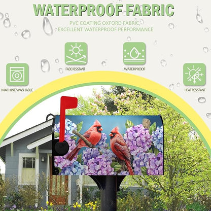 Spring Mailbox Covers Magnetic Oversized Cardinal Hydrangea Mailbox Post Cover Summer Flowers Bird Mailbox Wrap Colorful Floral Mailboxs Waterproof for Garden Yard Large Size 25.5x21 Inch