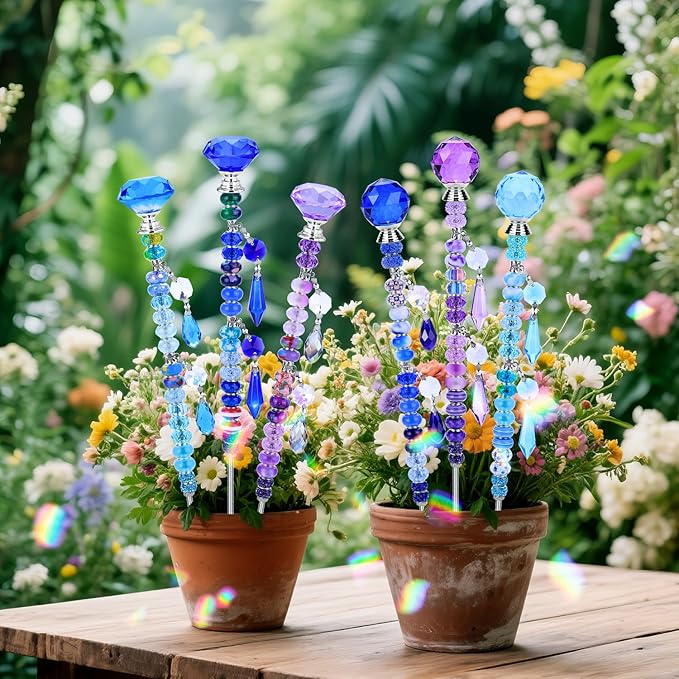 DIY Fairy Wand Garden Stakes Kit, Crystal Beaded Decorative Wands Set, Outdoor Garden Decoration with Assembly Guide (Purple+Aqua+Blue 208 Pcs)