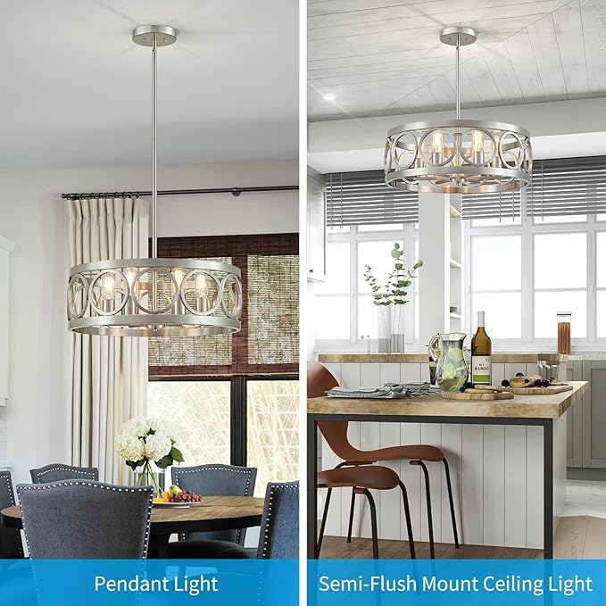 XINGQI 6-Light Modern Chandelier Brushed Nickel Farmhouse Dining Room Chandeliers, 21.7'' Drum Pendant Light Fixture Height Adjustable for Living Room Home Office