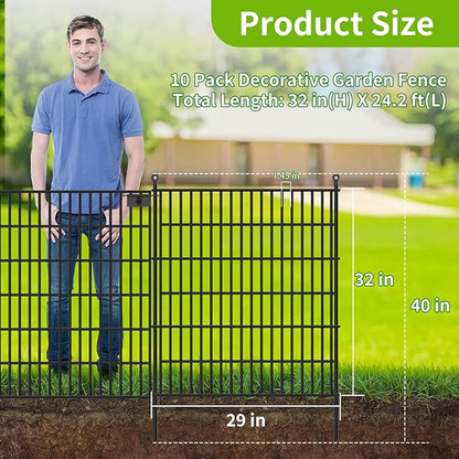 10 Panels No Dig Garden Fence with Gate, 32 in(H) X24.2 ft(L) Metal Fence Panels, Thickened Rustproof Garden Fencing, Animal Barrier Fence for Dogs, Rabbits, and Patio