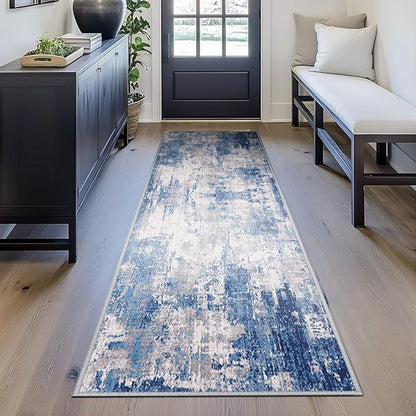 Washable Area Rugs 2'x6' Non-Slip Modern Abstract Soft for Living Room Entryway Bedroom Nursery, Print Pattern, Blue Grey Navy Gray