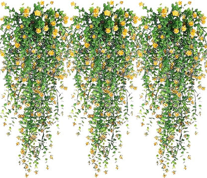 Artificial Hanging Flowers, 3 Pcs Fake Hanging Plants Artificial Vines for Outdoors, Fake Ivy Vine UV Resistant No Fade Faux Plants for Indoor Outside Garden Patio Yard Greenery Decoration (Yellow)