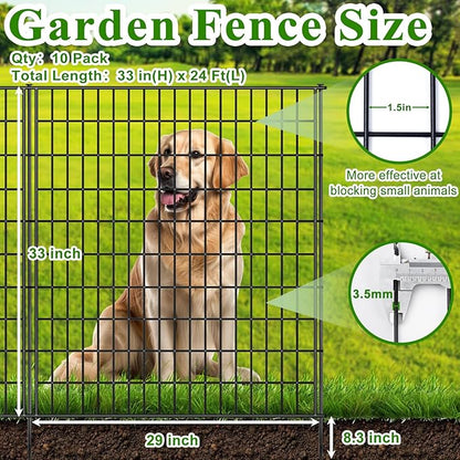10 Panels Garden Fencing Animal Barrier, 33 in(H) X 24 ft(L) Rabbit Fence for Outdoor Yard No Dig Decorative Tall Garden Fence Metal Wire Rustproof Panel Border Patio Dog Ground Stakes Fencing