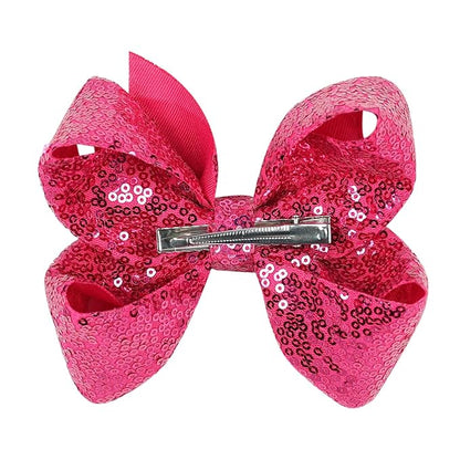 6 Inch Hot Pink Sparkly Glitter Sequin Hair Bows for Girls Toddlers Kids Children Teenage (2PCS)