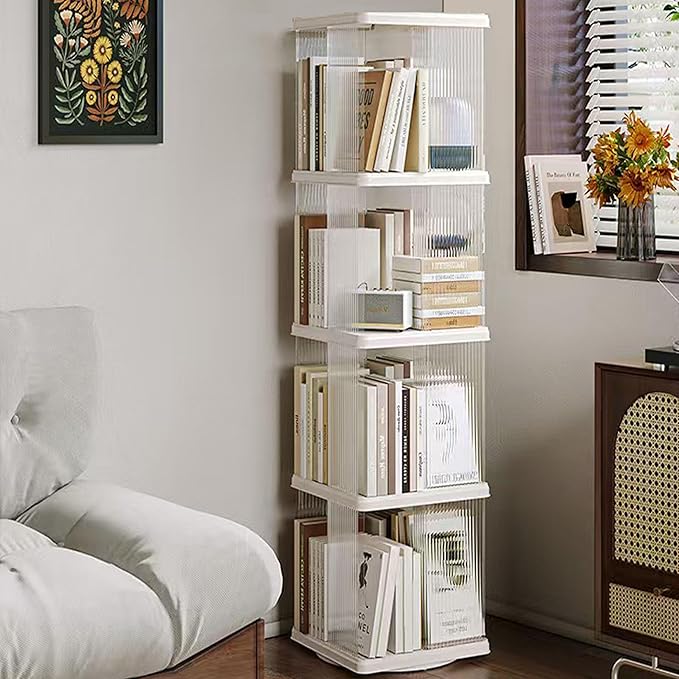 4 Tier Rotating Bookshelf Tower,360 Display Rotating Bookshelf,53.4 inch High Small Space Revolving Bookcase, Home Office Spinning Bookshelf Tower(Rectangular, White)