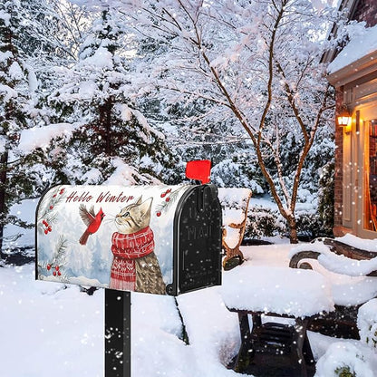 Hello Winter Cat Mailbox Cover Cardinal Bird Mailbox Covers Magnetic Snow Snowflake Post Letter Box Cover Standard Size 21x18 inch for Garden Outdoor Yard Decor