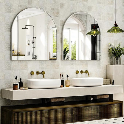 Arched Bathroom Mirror, 32x34 Inch - Wall Mounted Vanity Mirror with Aluminum Alloy Frame - Ideal for Living Room, Bedroom, Bathroom, and Entryway, Hanging or Leaning,White
