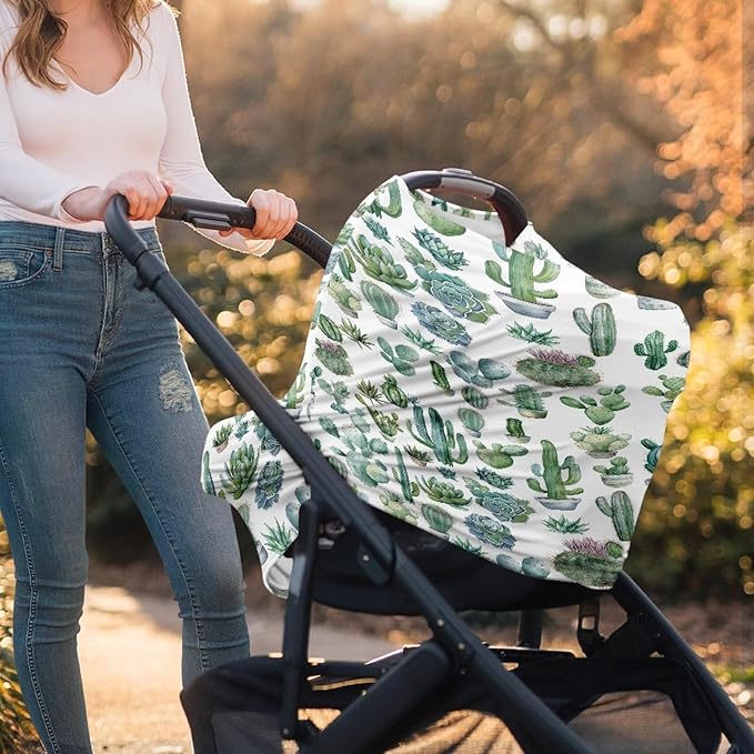 Wanyint Cactus Print Baby Car Seat Cover for Boys Girls,Infant Car Seat Covers Canopy,Breathable Breastfeeding Scarf Nursing Cover Carseat Canopy for Babies