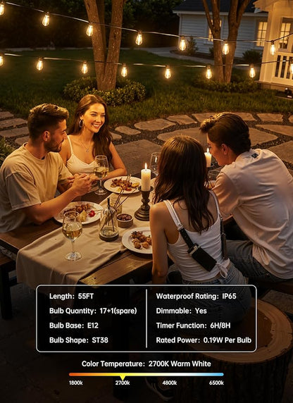Minetom 55FT Outdoor String Lights with Remote, 17+1 Shatterproof ST38 LED Bulbs, Waterproof Patio Lights with 3 Modes, Dimmable & Connectable 2700K Hanging Lights for Backyard Porch Deck Balcony