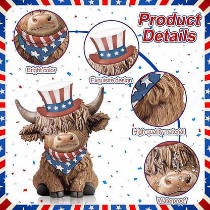 Karenhi 2 Pcs Veterans Day Highland Cow Figurines Patriotic American Flag Highland Cow Gnomes Red White and Blue Scottish Resin Statue for Home Garden Kitchen Office Tiered Tray Table Decor