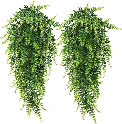 RECUTMS Hanging Artificial Plants 4Pcs UV Resistant Fake Boston Fern Realistic Faux Greenery Plastic Ivy Vines for Wall Home Room Garden Wedding Party Garland Outside Decoration(Green)