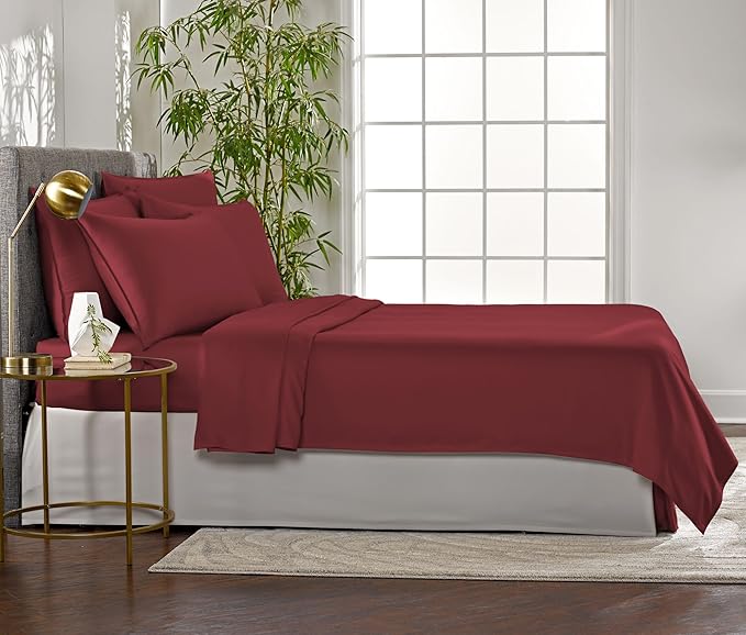 Full Sheets by Pure Bamboo, Genuine 100% Organic Viscose Derived from Bamboo Bed Sheet Set, Luxuriously Soft & Cooling, Double Stitching, Lifetime Quality Promise (Full, Merlot)