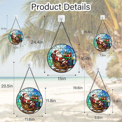 Stained Glass Window Hanging - Santa Claus Gift BoxSuncatcher for Doors Home Christmas Decoration Winter Sun Catcher Thanksgiving New Year Birthday Gift for Women Men Mom Nana 7.8 in