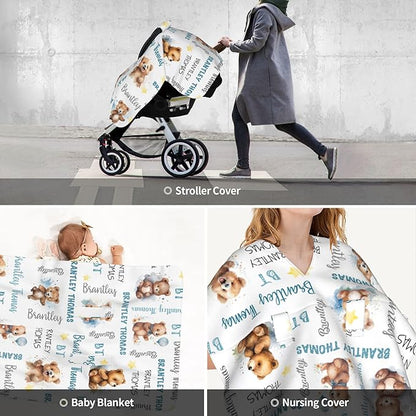 Personalized Baby Car Seat Cover Winter Custom Minky Carseat Cover Boy Girls with Name Bear Carseat Canopy Customized Car Seat Canopy Infant Carrier Covers Nursing Cover Toddler Blanket