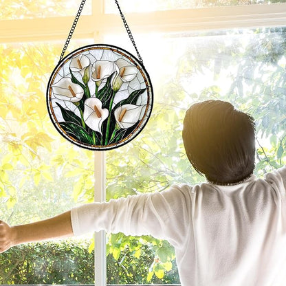 Stained Glass Window Hanging, White Calla Lily Flowers Sun Catchers Glass Panel Plant Suncatcher Decor for Birthday for Women, Men, Wife, Aunt, and Mom 7.8 in