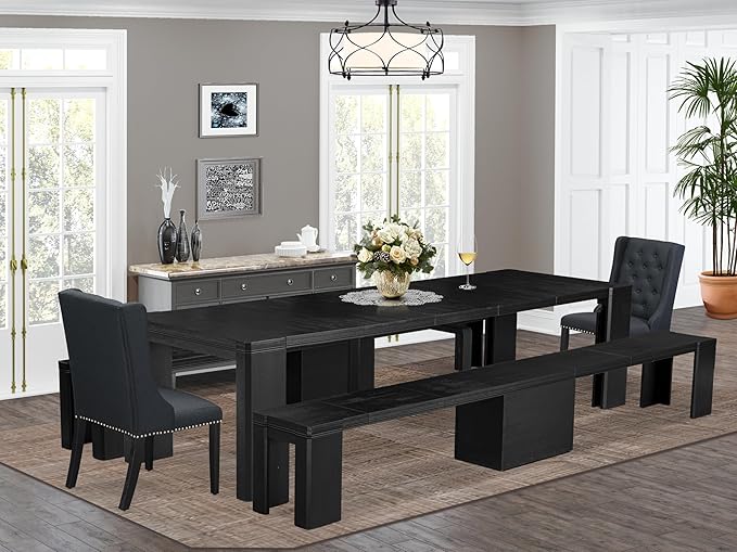 X02FO-206-24 - 5-piece Modern Dining Table Set a Rectangular Dining Table and 2 wooden Benches and 2 Black Linen Fabric kitchen Chair, 39x120 Inch, Wire Brushed Black