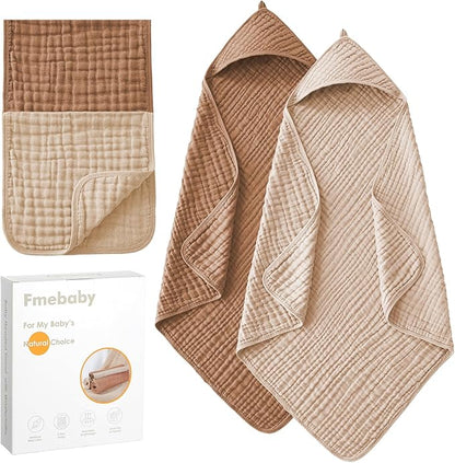 2 Pack Muslin Hooded Baby Bath Towels and 2 Pack WashCloth Set, 36x36 Inch Soft Cotton Bath Towel Baby Wipes Absorbent Bath Face Towels Burp Cloths Face Towels for Girl Boy(Coffee and Apricot)