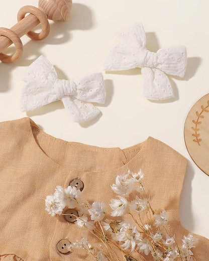 Jollybows 2pcs 3.2" Hair Bows Clips for Baby Girl Toddler Pigtail Neutral Linen Hair Clip Bows -White Eyelet