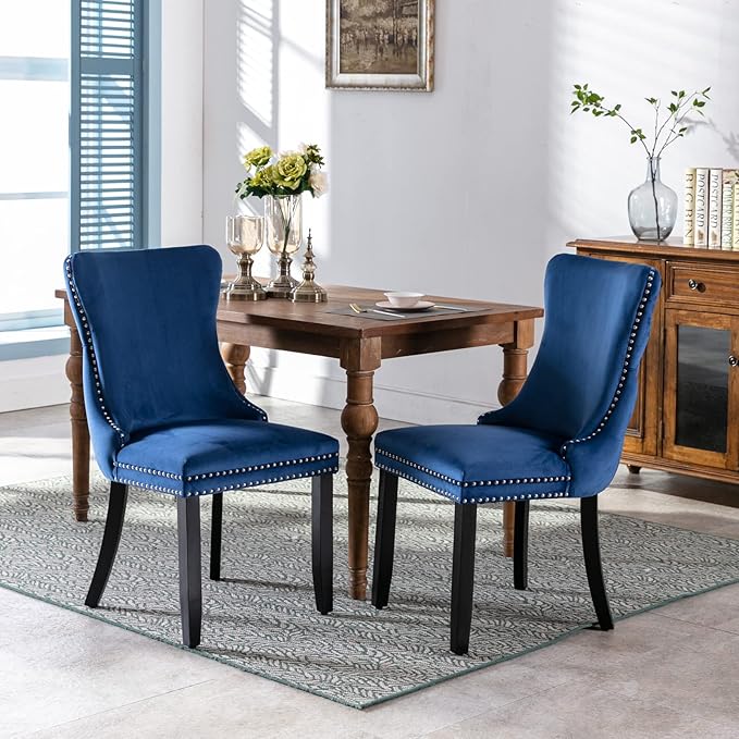 PacknWood Acosure Set of 2 Velvet Upholstered Wing-Back Dining Chair with Backstitching Nailhead Trim,Exquisite Furniture Stool W/Wood Legs,for Kitchen,Sitting Room,Blue