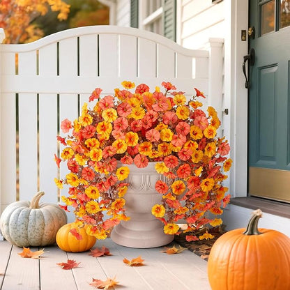 2 PCS Artificial Faux Fall Hanging Flowers Plants for Outdoor Decor,Fake Silk Morning Glory with Eucalyptus UV Resistant Mums for Wall Home Porch Patio Balcony Yard Indoor Decor (Fall Orange+Yellow)