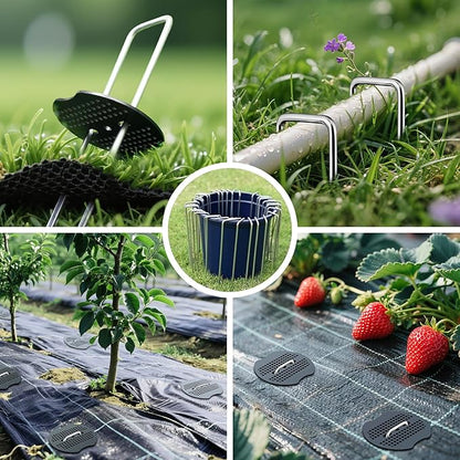 50Pcs Landscape Fabric Pins+50Pcs Gasket+Pick Hook+Rubber Mallet, 6 Inch Landscape Fabric Staples 11 Gauge U Shaped Galvanized Landscape Pins Yard Ground Pin for Weed Barrier Sod Fabric Decoration