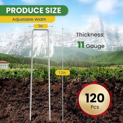 Landscape Staples 12 Inch 120 Pack, Garden Stakes Galvanized Garden Staples 11 Gauge, Plant Cover Stakes for Lawn Weed Barrier