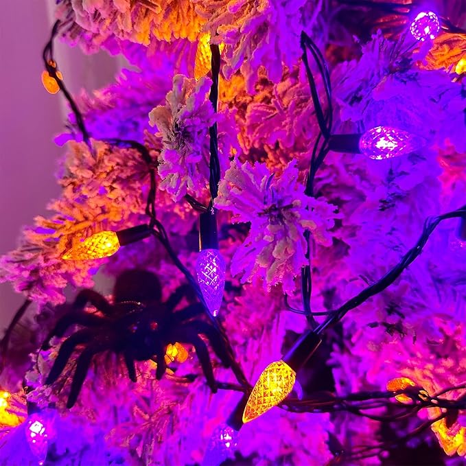 WATERGLIDE Halloween C6 String Lights, 33ft 100 LED Black Wire Fairy Lights with 29V Safe Adaptor, 8 Lighting Mode, Waterproof for Indoor Outdoor Patio Xmas Tree Party Decor, Orange & Purple
