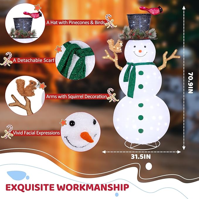 6FT Lighted Snowman Outdoor Christmas Decorations with Reinforced Base, Pop-Up Christmas Décor with Build-in 200 LED Lights, Collapsible Snowman with Top-Hat Scarf, Decoration for Lawn Yard