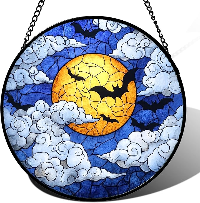 Stained Glass Window Hanging - Halloween Decorations Bats Moon Clouds Suncatcher for Doors Garden Indoor Spooky Funny Sun Catchers Gothic Decor Horror Gifts for Women Men Friend 11.8 in