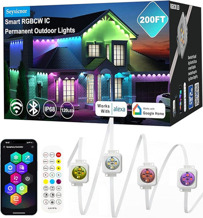 RGBCW Permanent Outdoor Lights,108 Scene Modes Smart Outdoor Christmas Lights with Voice Remote APP Control, IP68 LED Eaves Lighting for Halloween Party, Daily Garden Decor (120LED 200FT)