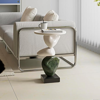 Luxury Coffee Table, Marble Style Side Table with Stacked Pebbles Design, Morden Style Oval Stone End Table for Living Room, Bedroon and Office