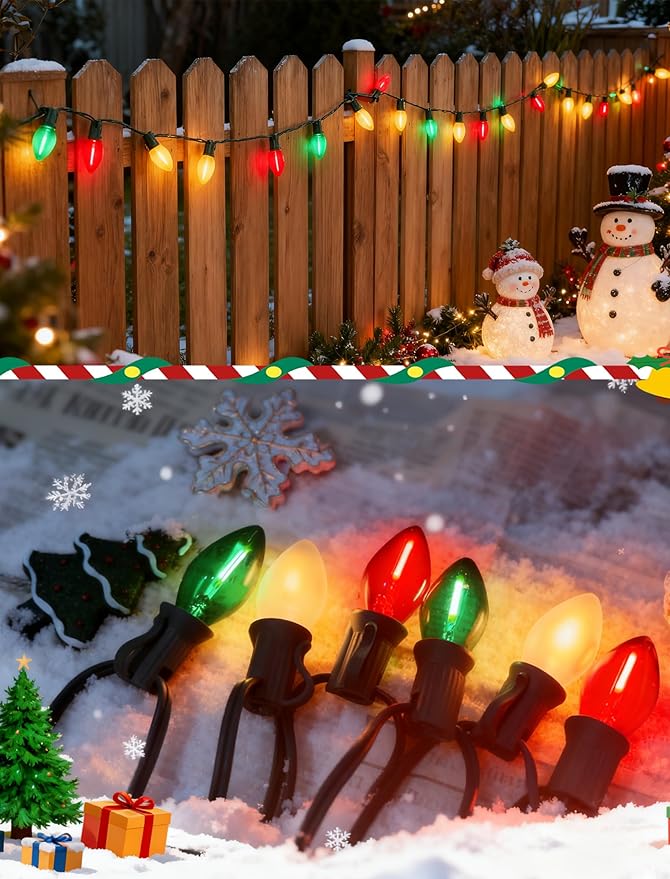 C7 LED Red White and Green Christmas Lights, 25Ft Outdoor Chritsmas String Lights Shatterproof with 27 LED Clear Multicolor Bulbs, Connectable Vintage Christmas Lights for Patio Garden Backyard Decor