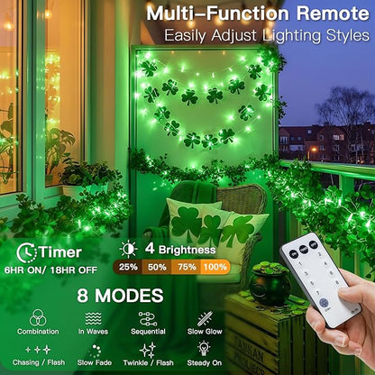 suddus 100 LED Green Christmas Lights with Remote, Clear Wire Green String Lights Plug in, 33ft Waterproof Dimmable Connectable String Lights Outdoor for Tree, Window, St Patrick's Day Decor