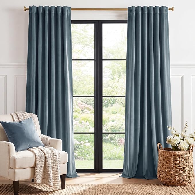 StangH Stone Blue Velvet Curtains 90 inches Long for Living Room, Back Tab Light Blocking Thermal Insulated Privacy Drapes for Nursery Bedroom Dining Room, W42 x L90, 2 Panels