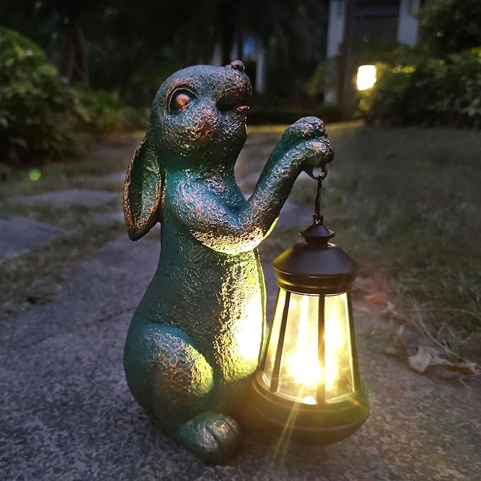 Rabbit Garden Statue Outdoor Décor with Solar Lights Lantern,Rabbit Solar Light Figurines Outside Decorations for Yard，Lawn, Patio, Balcony, Unique Housewarming Gifts
