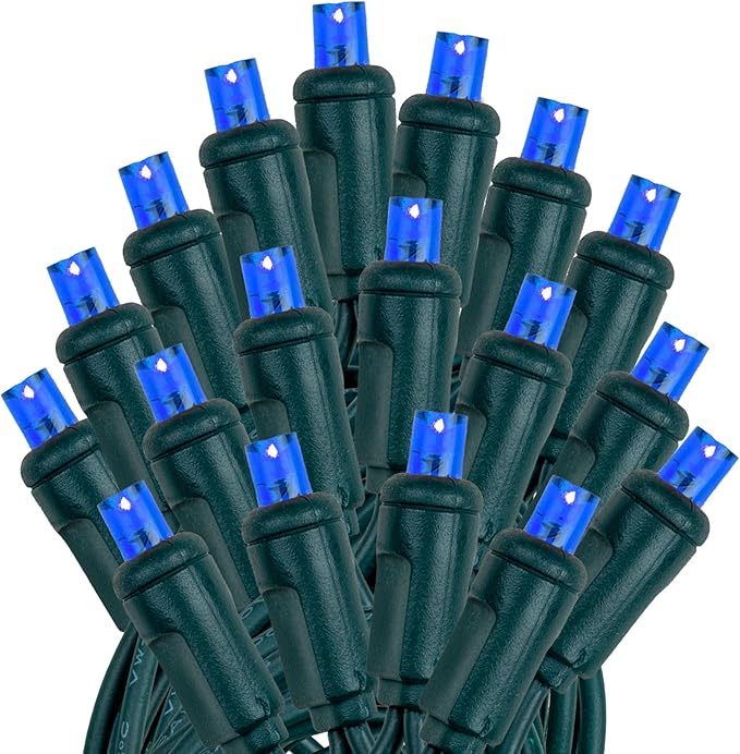 Novelty Lights 25ft 50 LED Blue Christmas Lights Outdoor/Indoor, 6" Spacing, Green Wire String Lights for Festive Xmas Lighting, IP55, UL Listed, Dimmable, Connectable