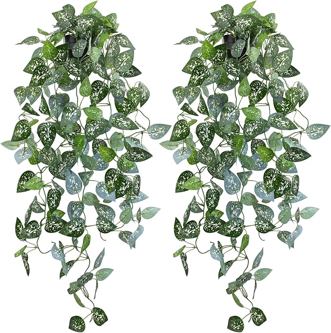 LOYWREE 2 Pack 39-in Long Fake Hanging Plant with Pot Faux Pothos Artificial Potted Plants Small Faux Ivy Vine Plant for Indoor Outdoor Aesthetic Office Living Room Shelf Decor (Black Pot)