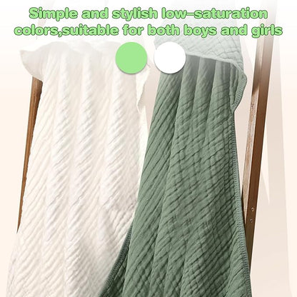 MUKIN Baby Hooded Towels, Muslin Cotton, 2-Pack, for Newborn, Infant, Toddler and Kids (White,Dark Green)