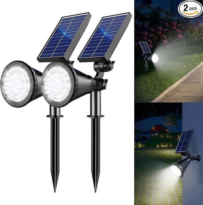 Solar Lights Outdoor Waterproof, 36 LEDs 1000LM Adjustable Solar Spot Lights Outdoor, 2-in-1 Solar Powered Spotlight Landscape Lighting for Garden, Yard, Pathway- 2 Pack (Cool White)