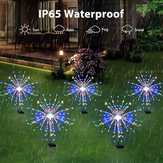 Solar Garden Firework Lights Outdoor Waterproof 6 Pack, 120 LED Sparklers, Colorful, for Patio, Backyard, Sidewalk, Christmas, Parties