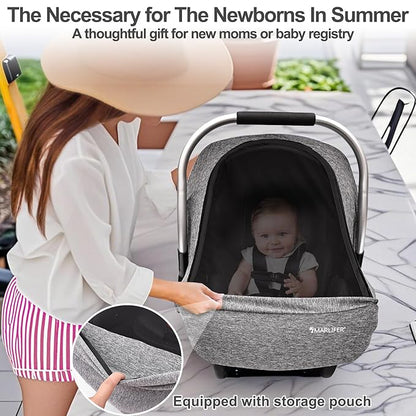 Baby Car Seat Cover, Large Mesh Window, Breathable Fabric, Infant Windproof Canopy, Universal Fit CarSeat Covers for Babies, Machine Washable, Gray