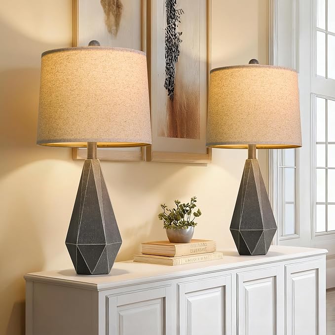 PoKat 23'' Table Lamps Set of 2 for Living Room Bedroom, Farmhouse Bedside Lamps, Resin Vintage Lamps for Night Stands, Office Sideboard Guest Room Hallway (Deep Gray)