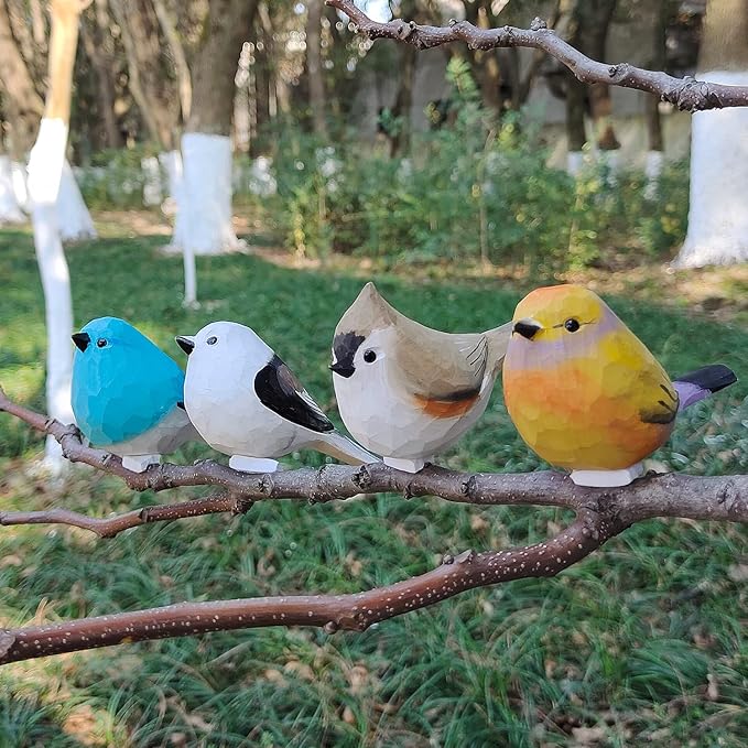 Handmade Wooden Carved Bird Decor Sculpted Hand-Painted Bird Figurines Small Home Decor Bird Statue Shelf Decor BFF Gifts for Bird Lovers (Suit 2)